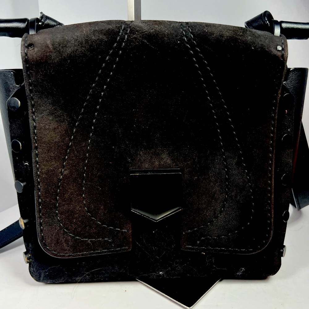 Unisex heavy duty Jimmy Choo shoulder bag. Made of suede and metal parts